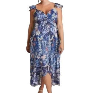 Anthropologie Hutch Blue Floral Paint Ruffle Midi Dress Size 12